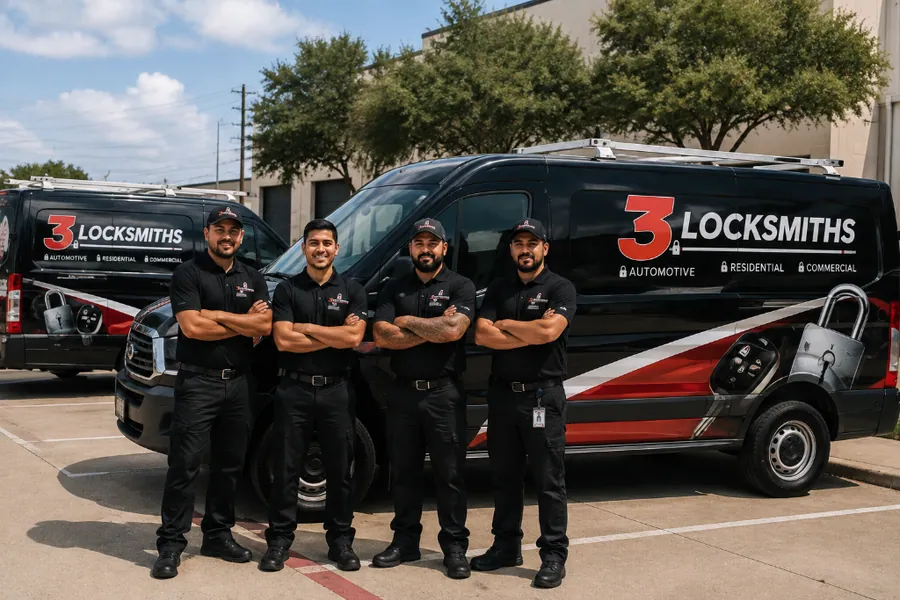 3 Locksmiths mobile service team with branded vans