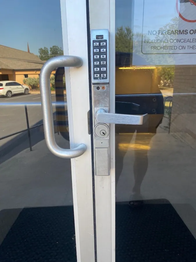 Commercial glass door keypad access lock installation by 3 Locksmiths