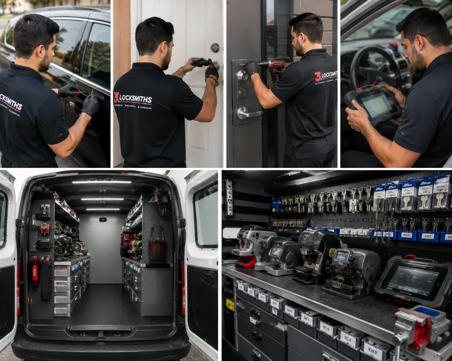 3 Locksmiths technicians, tools and mobile service vehicle